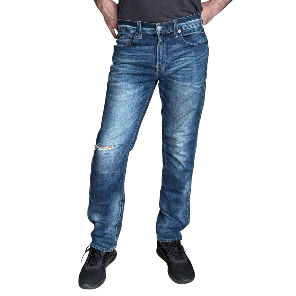 Y2K Express Blue Stretch Classic Straight Jeans Distressed Waist 31